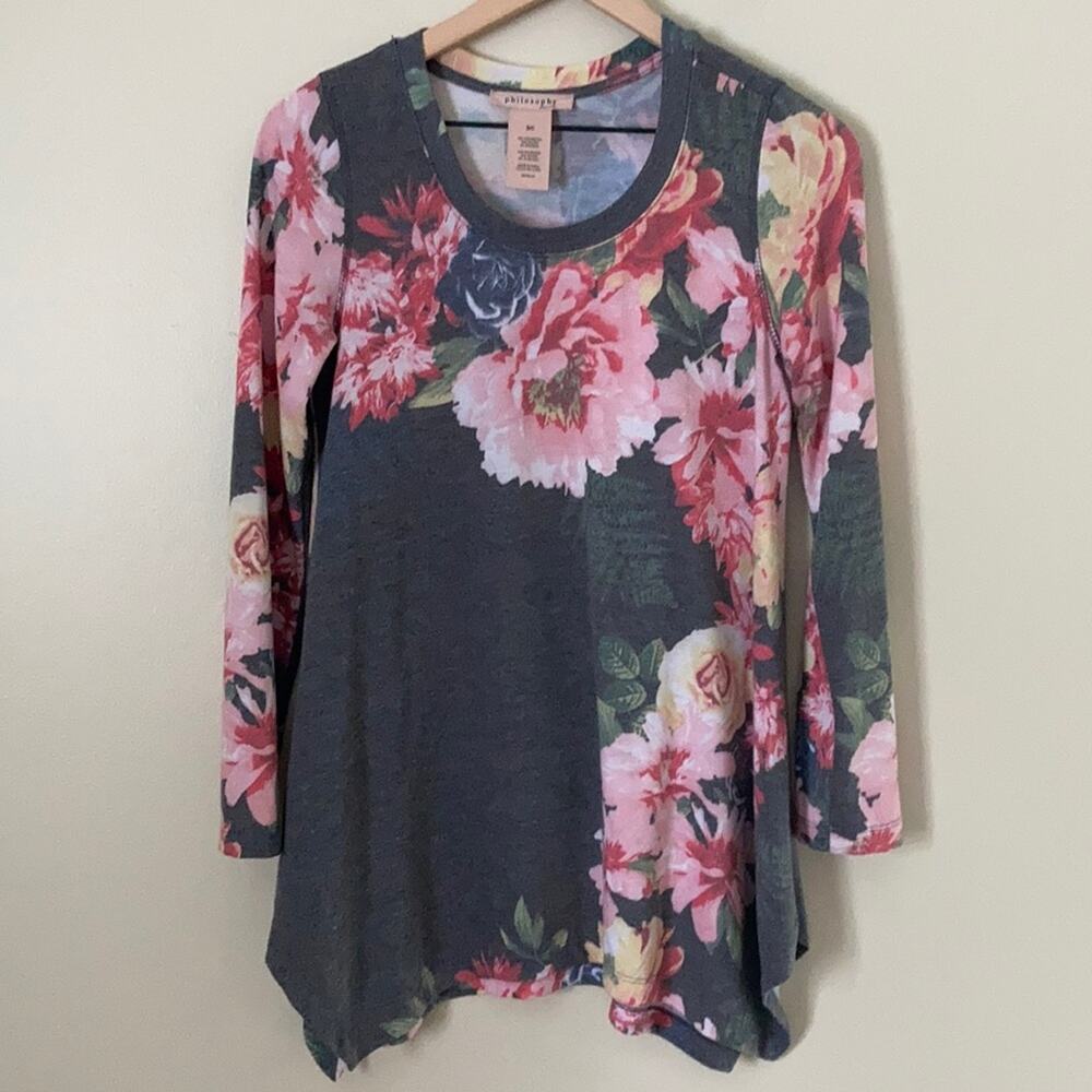 Philosophy Tunic Top Gray Pink Floral Size Small